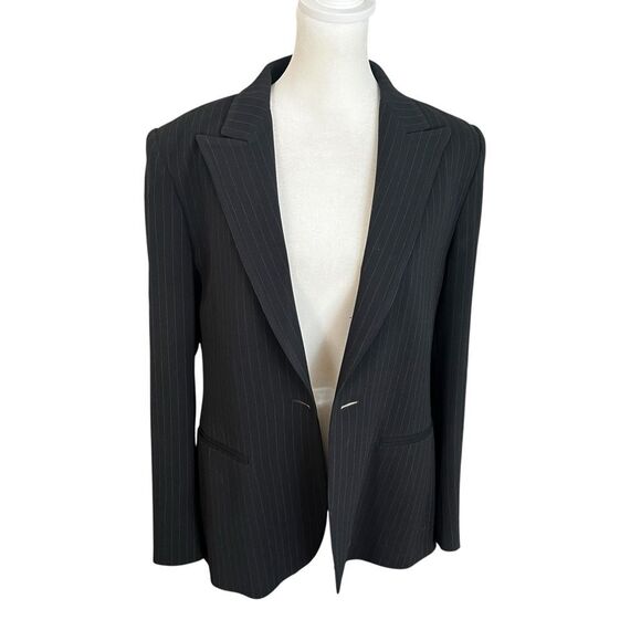 Max Mara Black Pinstripe Blazer Open Front Italian Tailored Jacket 10 - Picture 2 of 6